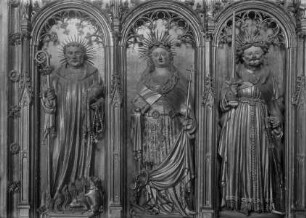 Kreuzigungsaltar — Rechter Altarflügel: Darbringung im Tempel und Flucht nach Ägypten — Rechter Flügel: Die Heiligen Antonius und Margarete