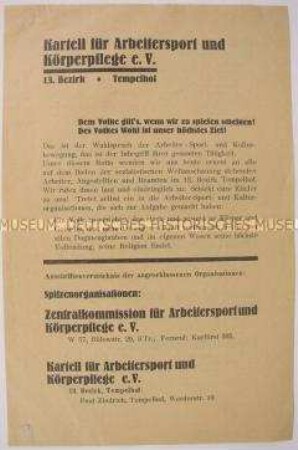 Werbezettel des Kartells für Arbeitersport und Körperpflege e.V. in Berlin-Tempelhof zur Mitgliederwerbung