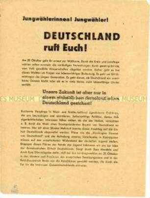 Aufruf des Zentralrates der FDJ an die Jungwähler, bei den Kreis- und Landtagswahlen 1946 Befürworter eines geeinten und demokratischen Deutschlands zu wählen
