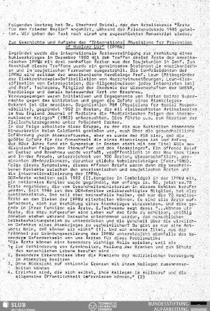 Zur Geschichte und Aufgabe der "International Physiciens for Prevention of Nuclear War" (IPPNW) : Vortrag