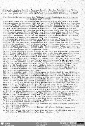 Zur Geschichte und Aufgabe der "International Physiciens for Prevention of Nuclear War" (IPPNW) : Vortrag