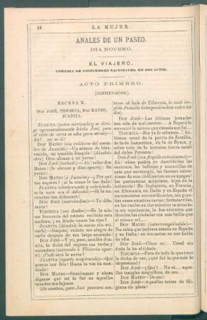 Anales de un paseo. : Día noveno. - El viajero. Comedia de costumbres nacionales, en dos actos. [Continuación]