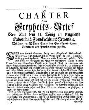 Der CHARTER oder Freyheits-Brief. Von Carl dem II. König in Engeland, Schottland, Franckreich und Irrland etc.