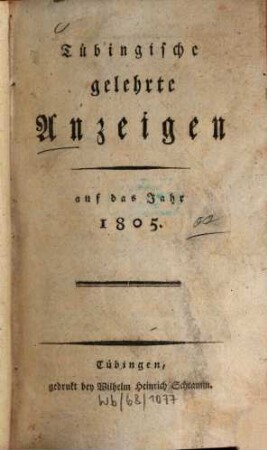 Tübingische gelehrte Anzeigen : auf das Jahr .... 1805