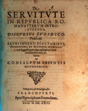 De servitute in republica Romana iterum introducenda, discursus iuridico-politicus