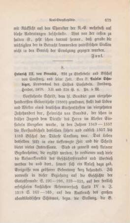 679-680 [Rezension] Schubiger, Anselm, Heinrich III von Brandis, Abt zu Einsiedeln und Bischof zu Constanz, und seine Zeit