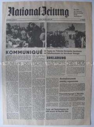 Tageszeitung der NDPD "National-Zeitung" mit dem Kommunique der Tagung der Warschauer Vertrages