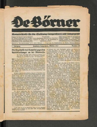 7. Jahrgang, Hamburg-Langenhorn, Oktober 1927, Nummer 10 : Monatsschrift für die Siedlung Langenhorn und Umgebung