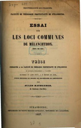 Essai sur les Loci communes de Mélanchthon : (Diss.)