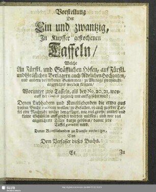 Vorstellung Der Ein und zwantzig, In Kupffer gestochenen Taffeln ...