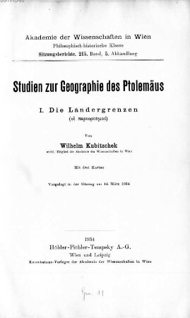 Studien zur Geographie des Ptolemäus. 1, Die Ländergrenzen (hoi periorismoí)