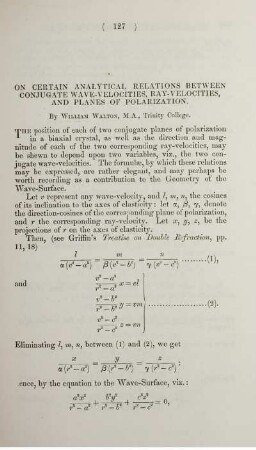 On certain analytical relations between conjugate wave-velocities, ray-velocities, and planes of polarization.