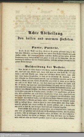 Achte Abtheilung : Von kalten und warmen Pasteten