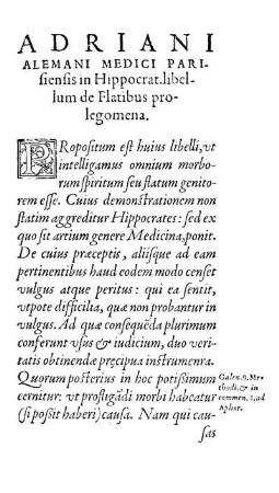 Adriani Alemani Medici Parisiensis in Hippocrat. libellum de Flatibus prolegomena.