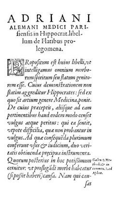 Adriani Alemani Medici Parisiensis in Hippocrat. libellum de Flatibus prolegomena.