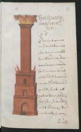 Illustration: Dreigeschossiger, befeuerter Ofen mit langem Schornstein