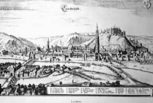 Landshutmittelalterliche Stadtansicht, hist. Stich