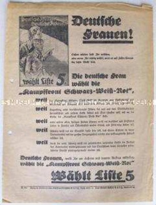 Illustriertes deutschnationales Propagandaflugblatt zur Reichstagswahl 1933 mit Ausrichtung auf die Frauen