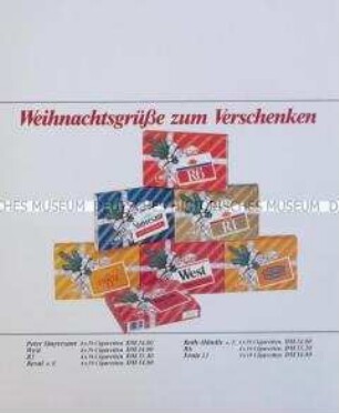 Werbezettel für "R6, Peter Stuyvesant, R1, Ernte 23, West, Reval und Roth-Händle"-Zigaretten