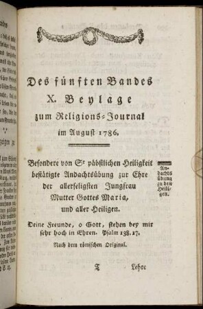 Des fünften Bandes X. Beylage zum Religions-Journal im August 1786