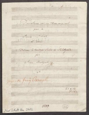 Variations, pf, op. 26, E-Dur - BSB Mus.Schott.Ha 3412 : [title page, pf] Variations sur un thême original // pour le // Piano Forte // et dedié // à Madame le Comtesse Julie de Sulatycka // par // Jean Ruckgaber