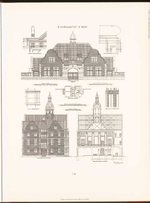 Irrenhaus, Berlin-Buch: Grundriss, Ansicht, Details Pförtnerhaus, Seitenansicht, Längsschnitt Verwaltungsgebäude (aus: Neubauten der Stadt Berlin, Bd. VII, 1908)