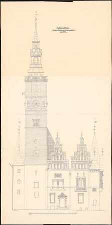 Rathaus, Breslau Umbau: Aufriss der Westfassade, Maßstabsleiste