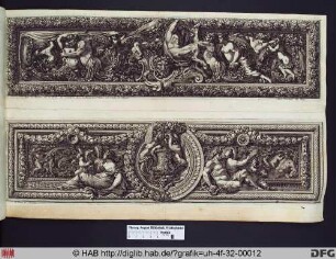 Unten: Ein Fries mit ornamentalen Verzierungen , Engeln, in der Mitte zwei Chimären, rechts und links davon weitere Figuren und zwei Adler.