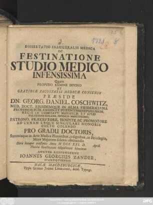 Dissertatio Inauguralis Medica De Festinatione Studio Medico Infensissima