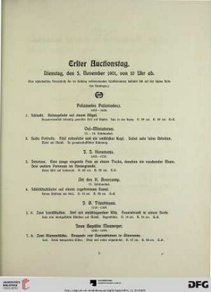 Erster Auctionstag. Dienstag, den 5. November 1901, von 10 Uhr ab (Nr. 1-21)