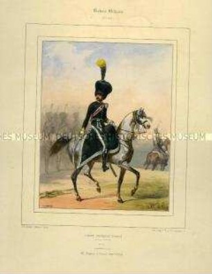 Uniformdarstellung, Offizier des Jäger-Regiments zu Pferde der Elite-Kompanie, Kaiserreich Frankreich, 1804/1812. Tafel Nr. 162 aus: Galerie Militaire.