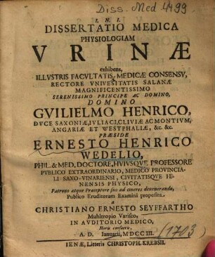 Dissertatio Medica Physiologiam Vrinae [Urinae] exhibens