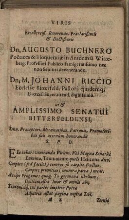 Viris. [...] Dn. Augusto Buchnero [...] Dn. M. Johanni Riccio [...]