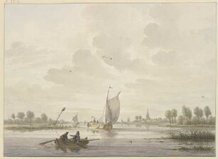 Auf einem Fluss segeln einige Barken, vorne ein Ruderboot