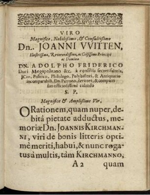 Viro Magnifico, Nobilißimo, & Consultißimo Dn. Joanni VVitten ... ac Domino Dn. Adolpho Friderico Duci Megapolitano &c. ...