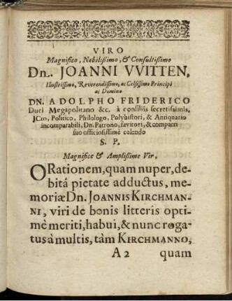 Viro Magnifico, Nobilißimo, & Consultißimo Dn. Joanni VVitten ... ac Domino Dn. Adolpho Friderico Duci Megapolitano &c. ...