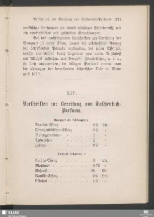 XIV. Vorschriften zur Bereitung von Taschentuch-Parfums