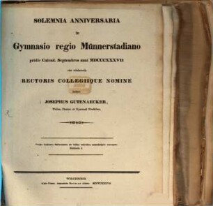 Solemnia anniversaria in Gymnasio Regio Münnerstadiano ... rite celebranda ... indicit, 1837