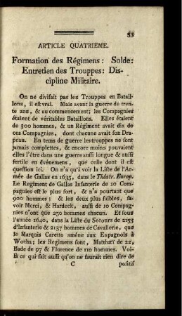 Article quatrieme. Formation des Règimens: Solde: Entretien des Trouppes: Discipline militaire.
