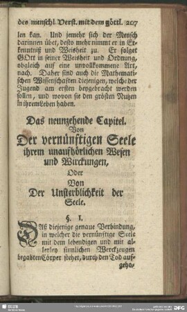 Das neunzehende Capitel. Von Der vernünftigen Seele ihrem unaufhörlichen Weisen und Wirckungen, Oder Von Der Unsterblichkeit der Seele