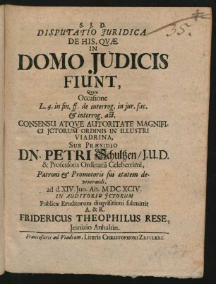 Disputatio Iuridica De His, Quae In Domo Iudicis Fiunt