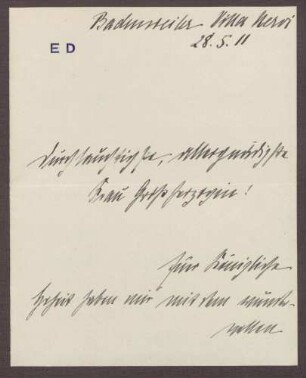 Schreiben von Elisabeth Dryander an die Großherzogin Luise; Kuraufenthalt in Badenweiler