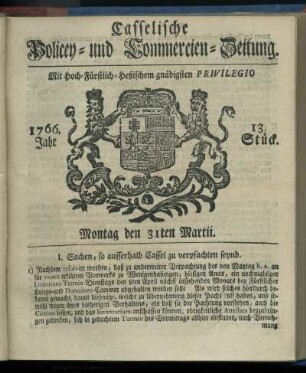 13. Stueck, Montag den 31ten Martii 1766