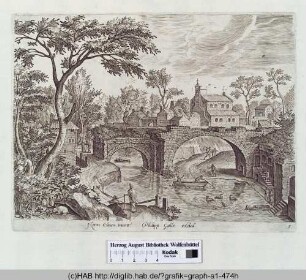 Dorf am Fluss mit Brücke