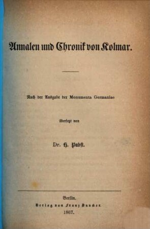 Annalen und Chronik von Kolmar : nach der Ausgabe der Monumenta Germaniae