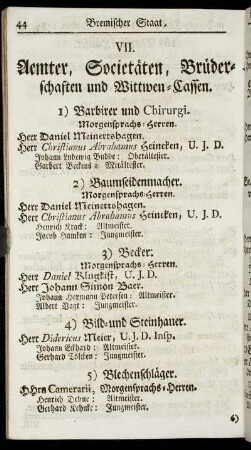 VII. Aemter, Societäten, Brüderschaften und Wittwen-Cassen