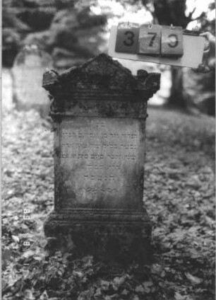 Grabstein 379 (Index: 99799670) Material: Sandstein Zustand: verwittert Maße HxBxT: 91x45x12 cm Beschreibung: Stele, Abdeckplatte mit Giebelaufsatz und Seitenakroteren, Friesband unter der Sima, Schriftfeld eingetieft, getreppter Sockel Symbolik: florale Elemente: Grabstein 379