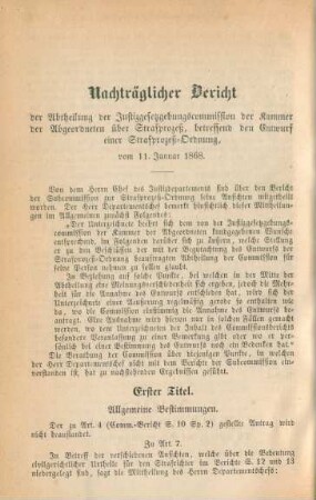 Nachträglicher Bericht der Abtheilung der Justizgebungscommission der Kammer der Abgeordneten über Strafprozeß, betreffend den Entwurf einer Strafprozeß-Ordnung ...