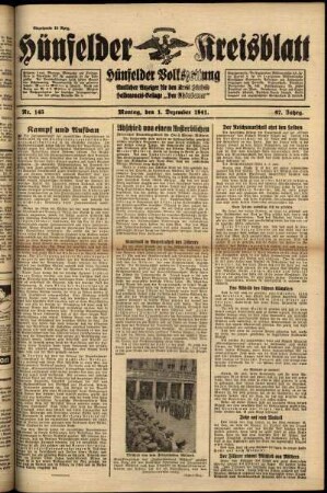 Ausgabe vom Montag, den 01. Dezember 1941.