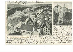 Sigmaringen - Stadtansicht (vom Schlossturm aufgenommen) und Ansicht des Schlosses (vom Mühlberg aufgenommen)